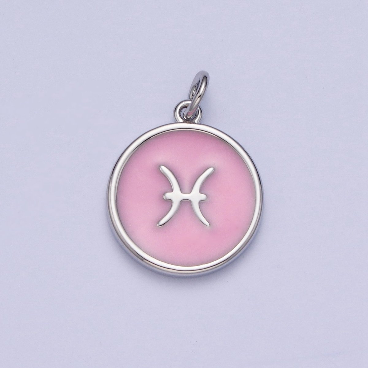 Silver Charm Enamel Pink Zodiac Sign Charms, Horoscope Symbol Birthday Disc pendant Astrology sign A-A1463-A-A1468