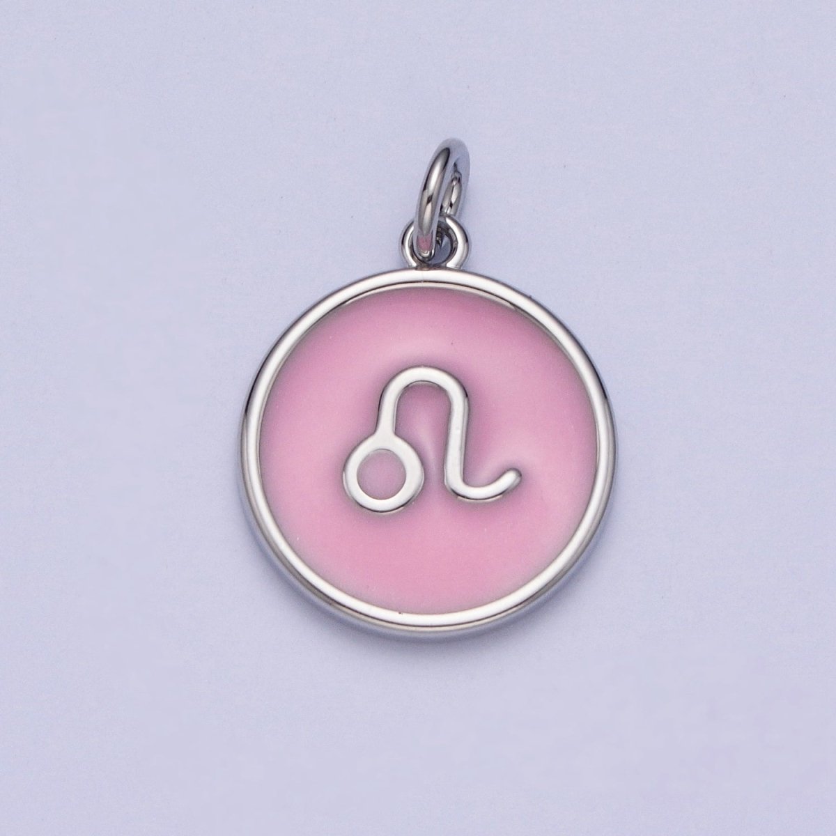 Silver Charm Enamel Pink Zodiac Sign Charms, Horoscope Symbol Birthday Disc pendant Astrology sign A-A1463-A-A1468