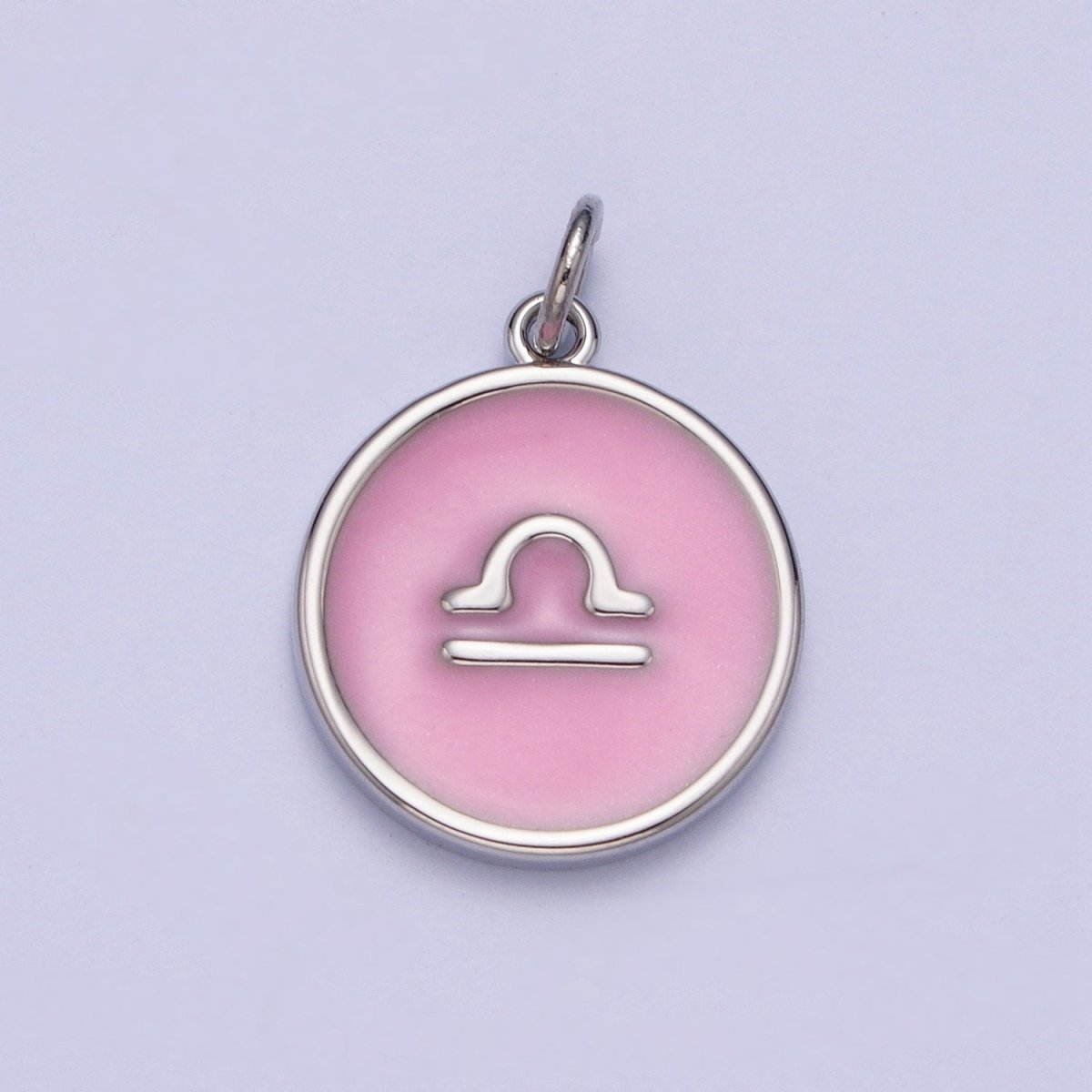Silver Charm Enamel Pink Zodiac Sign Charms, Horoscope Symbol Birthday Disc pendant Astrology sign A-A1463-A-A1468