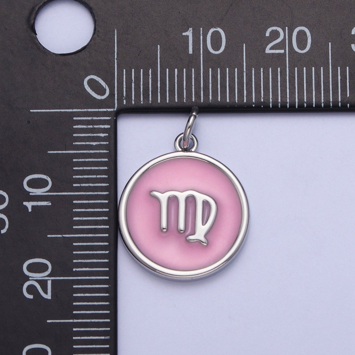 Silver Charm Enamel Pink Zodiac Sign Charms, Horoscope Symbol Birthday Disc pendant Astrology sign A-A1463-A-A1468