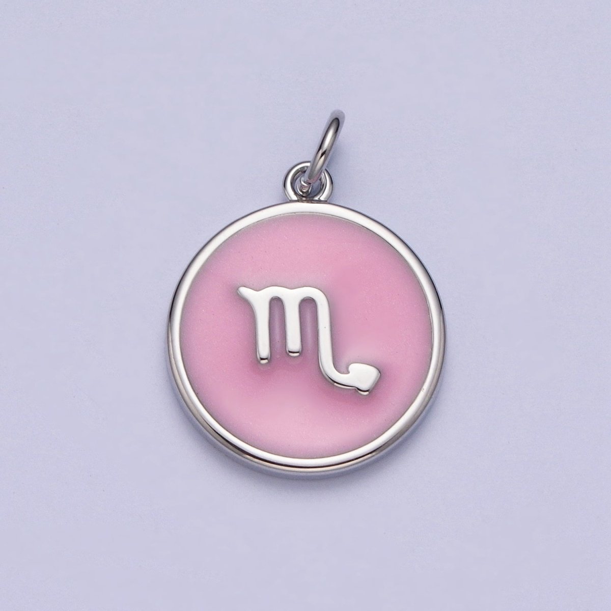 Silver Charm Enamel Pink Zodiac Sign Charms, Horoscope Symbol Birthday Disc pendant Astrology sign A-A1463-A-A1468