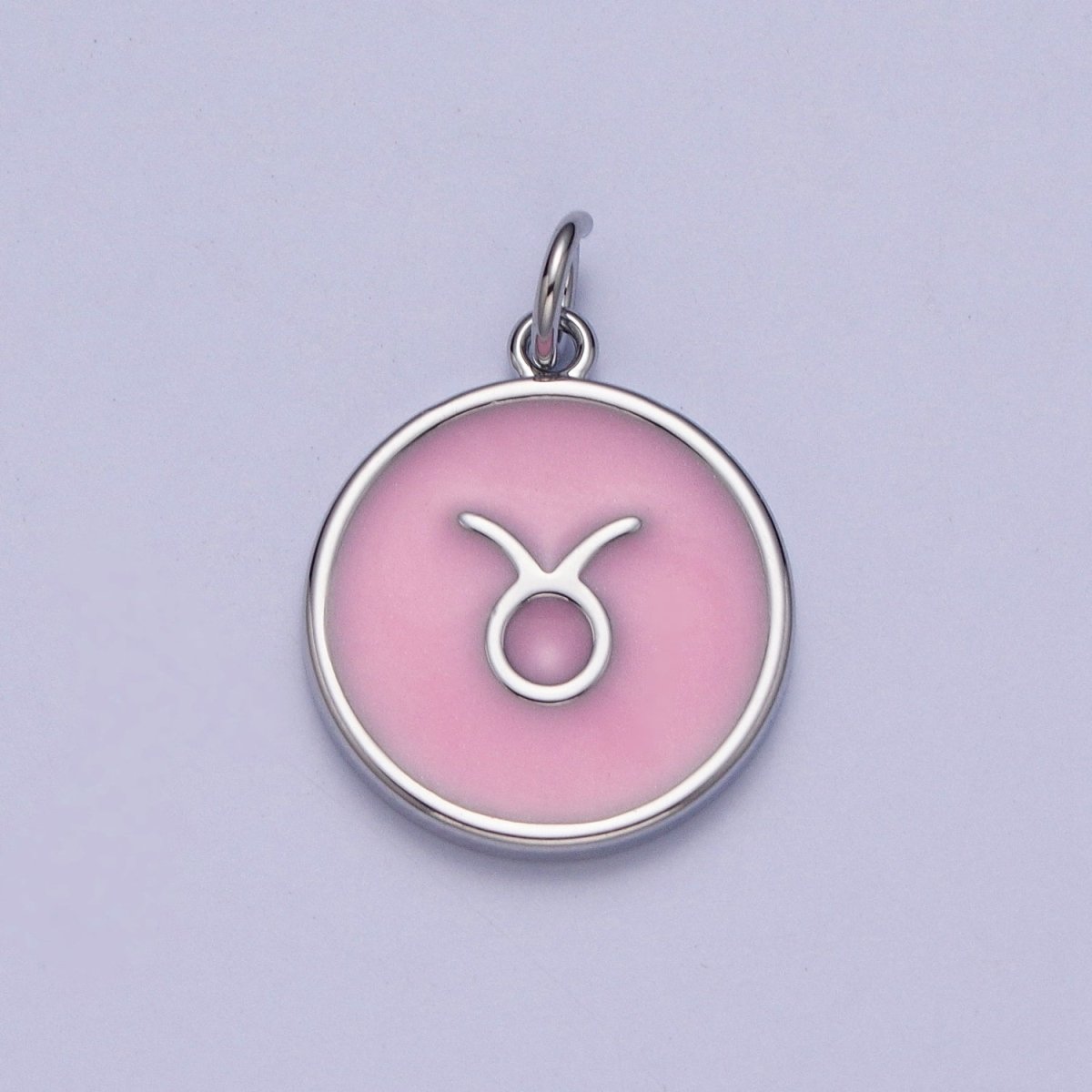 Silver Charm Enamel Pink Zodiac Sign Charms, Horoscope Symbol Birthday Disc pendant Astrology sign A-A1463-A-A1468
