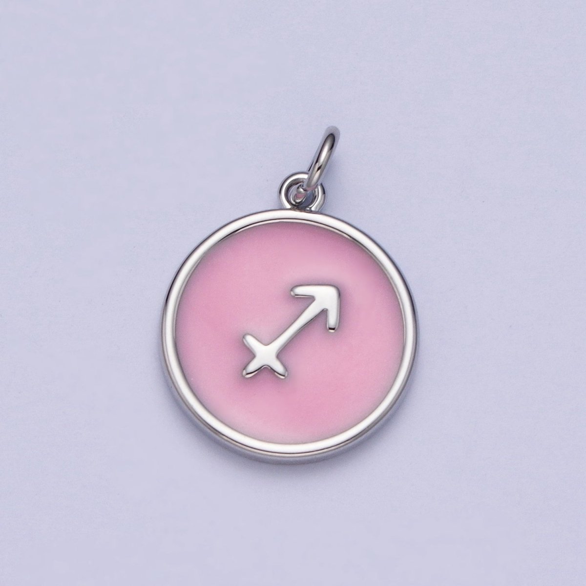 Silver Charm Enamel Pink Zodiac Sign Charms, Horoscope Symbol Birthday Disc pendant Astrology sign A-A1463-A-A1468