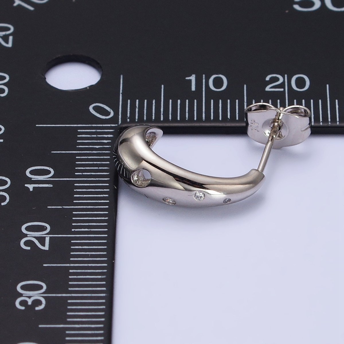 Silver Chubby Drip Drop CZ Dotted J-Shaped Geometric Hoop Earrings | AB431 - DLUXCA