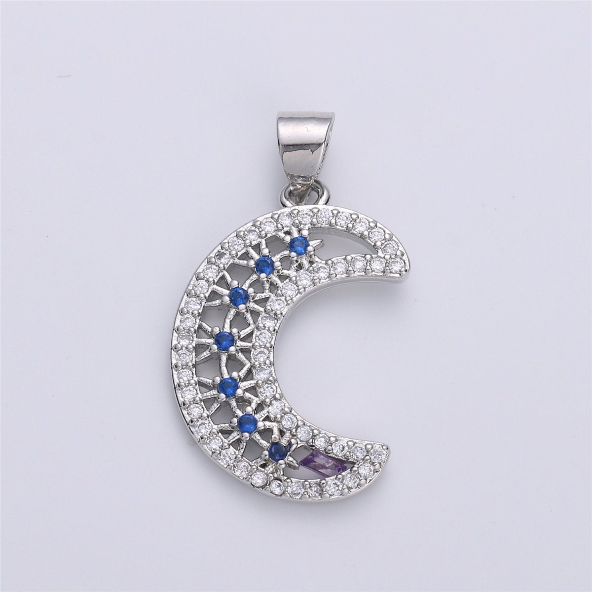 Silver Crescent Moon Charms, Micro Pave Charms, Cubic Moon Pendant, CZ Celestial Jewelry Necklace Bracelet Componen I-608 - DLUXCA