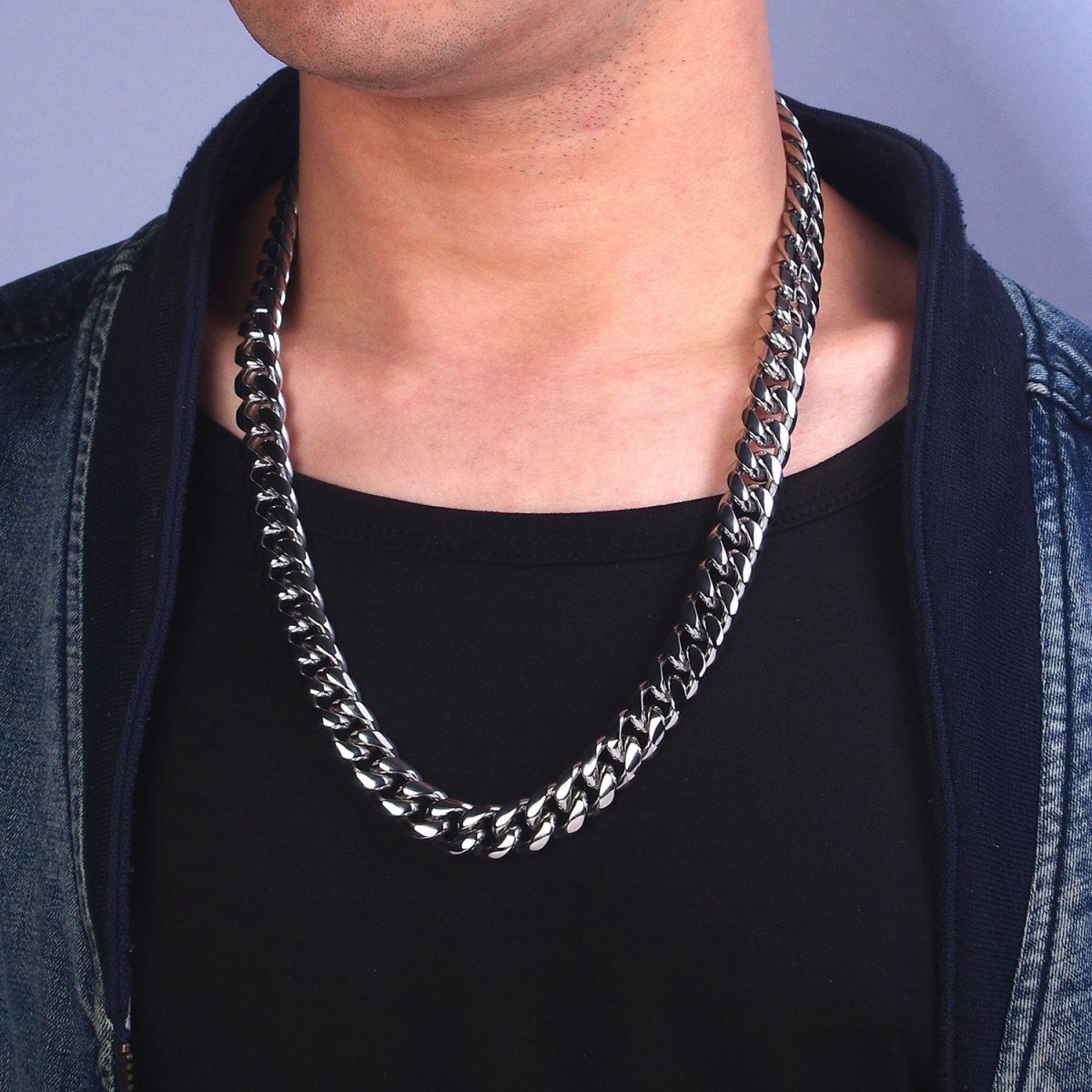 Silver Curb Chain Cuban Necklace for Men - Heavy Stainless Steel 10,12,14 mm Thickness 24.5 inch long | WA-1729 WA-1730 WA-1731 Clearance Pricing