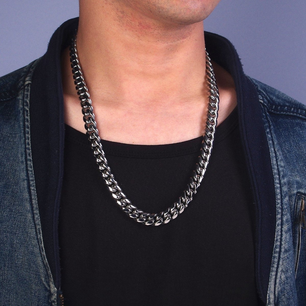 Silver Curb Chain Cuban Necklace for Men - Heavy Stainless Steel 10,12,14 mm Thickness 24.5 inch long | WA-1729 WA-1730 WA-1731 Clearance Pricing