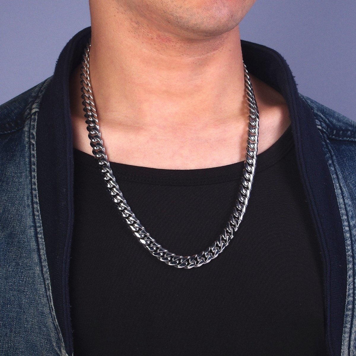 Silver Curb Chain Cuban Necklace for Men - Heavy Stainless Steel 10,12,14 mm Thickness 24.5 inch long | WA-1729 WA-1730 WA-1731 Clearance Pricing