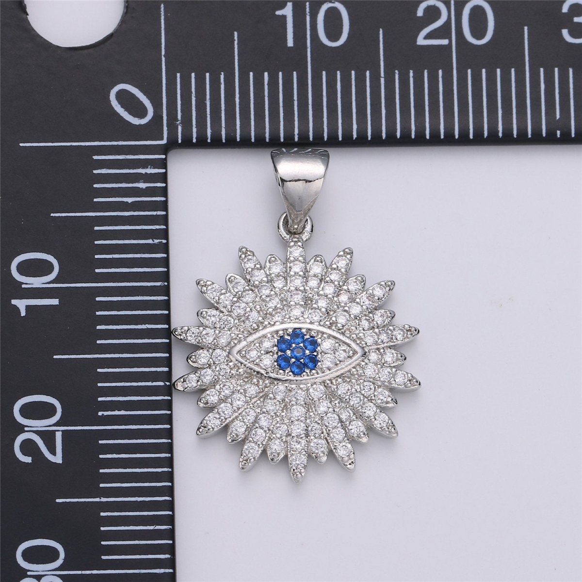 Silver Evil Eye Charm Round Disc Evil Eye Pendant, Cubic Medallion Coin Charm, Religious Charm, Micro Pave Sunburst Charm talisman Jewelry I-605 - DLUXCA