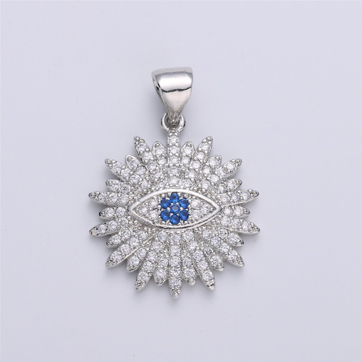 Silver Evil Eye Charm Round Disc Evil Eye Pendant, Cubic Medallion Coin Charm, Religious Charm, Micro Pave Sunburst Charm talisman Jewelry I-605 - DLUXCA