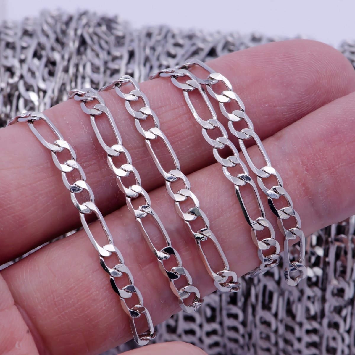 Silver Flat Figaro long and short Chain by Yard, Unfinished Rhodium Plated Chain For Jewelry Making | ROLL-737 Clearance Pricing - DLUXCA