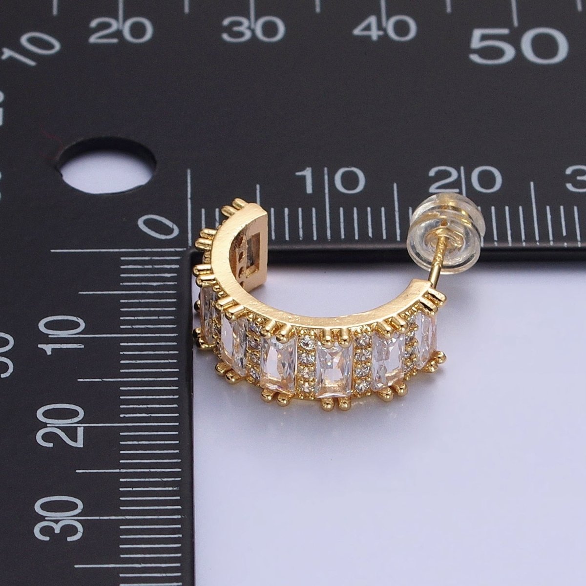 Silver, Gold 16.5mm Clear Baguette Micro Paved CZ Band C-Shaped Gold Stud Hoops Earrings | AB802 AB830