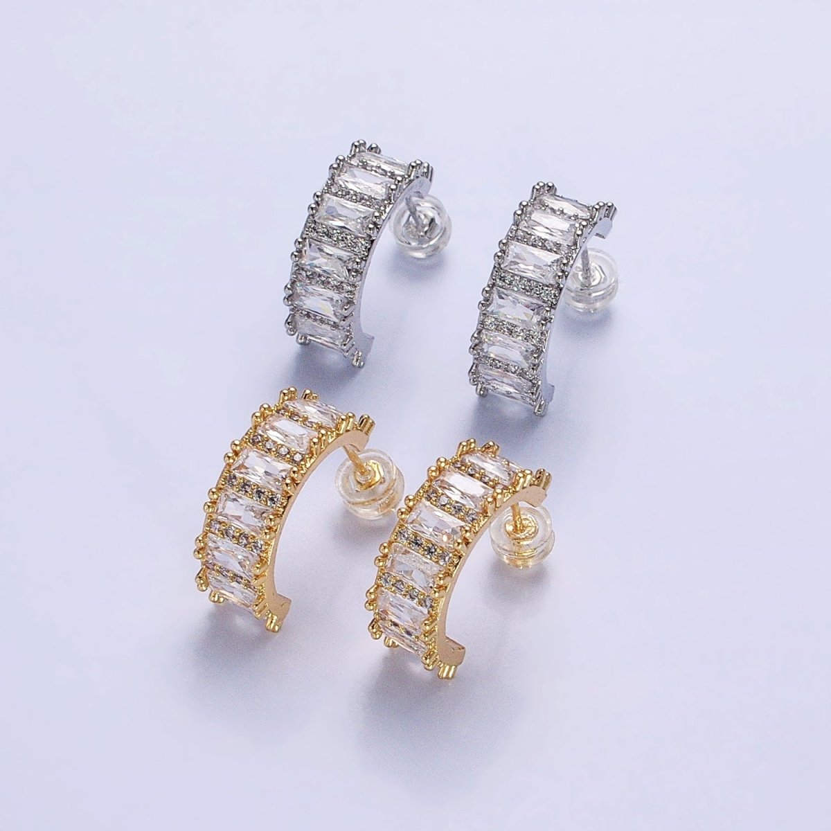 Silver, Gold 16.5mm Clear Baguette Micro Paved CZ Band C-Shaped Gold Stud Hoops Earrings | AB802 AB830