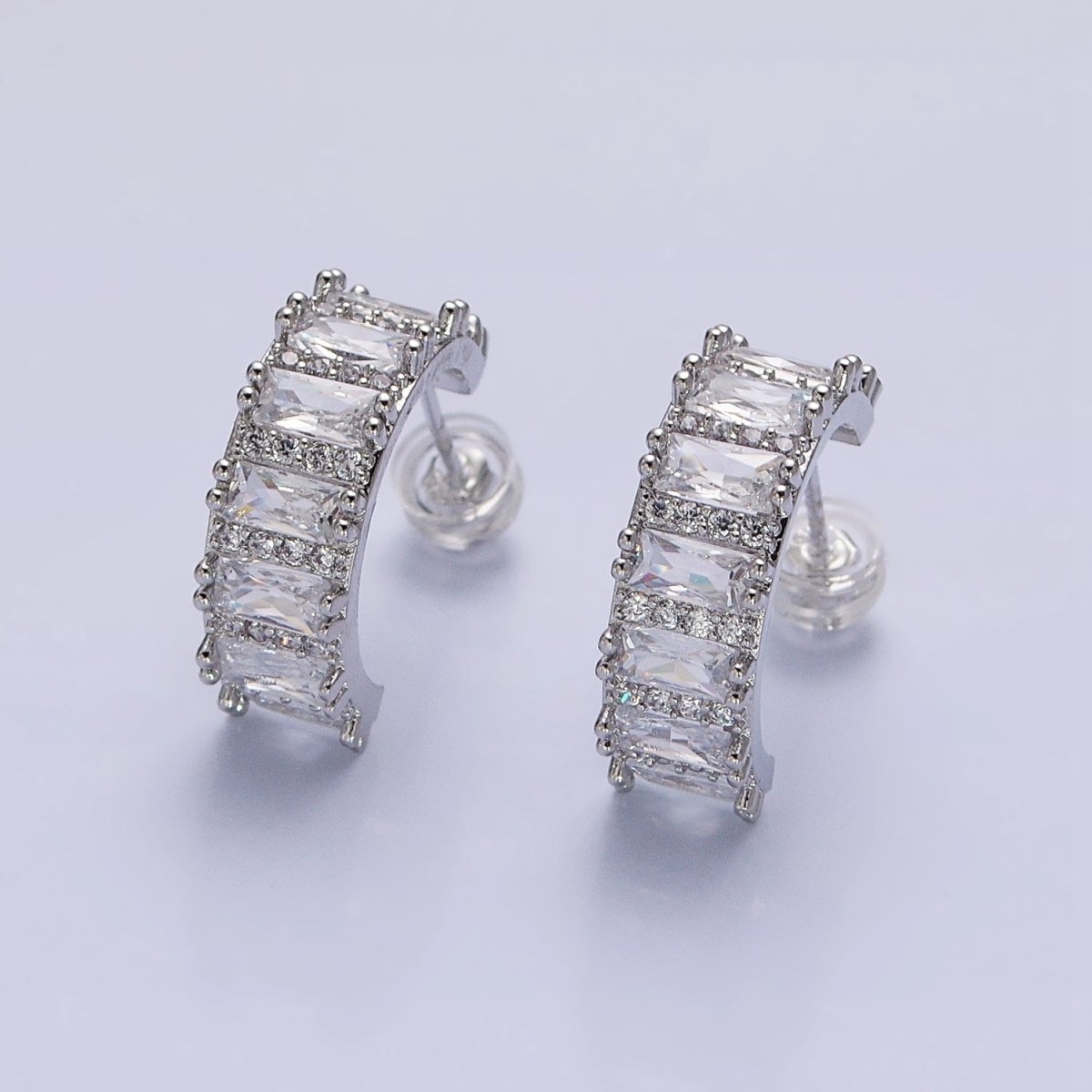Silver, Gold 16.5mm Clear Baguette Micro Paved CZ Band C-Shaped Gold Stud Hoops Earrings | AB802 AB830