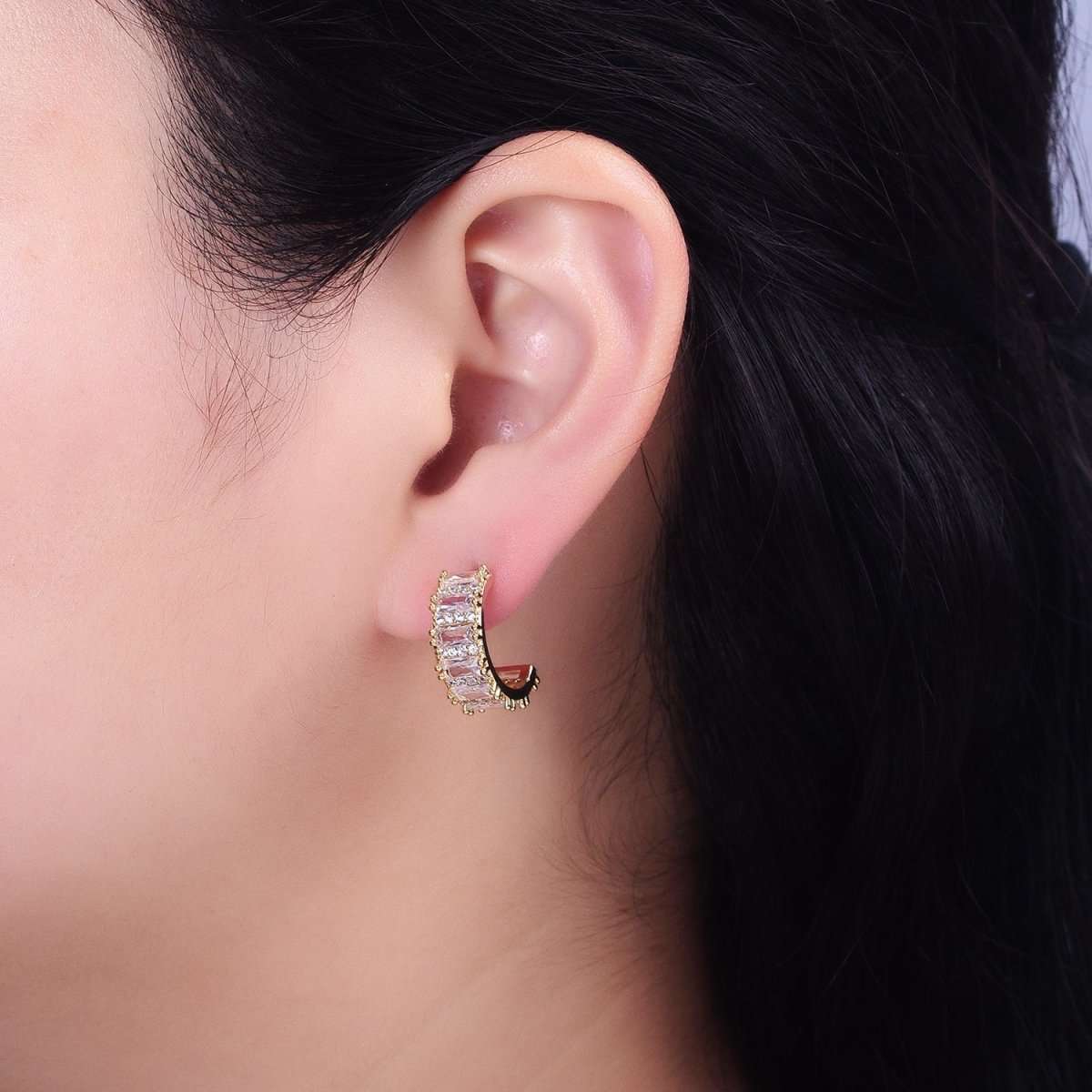 Silver, Gold 16.5mm Clear Baguette Micro Paved CZ Band C-Shaped Gold Stud Hoops Earrings | AB802 AB830