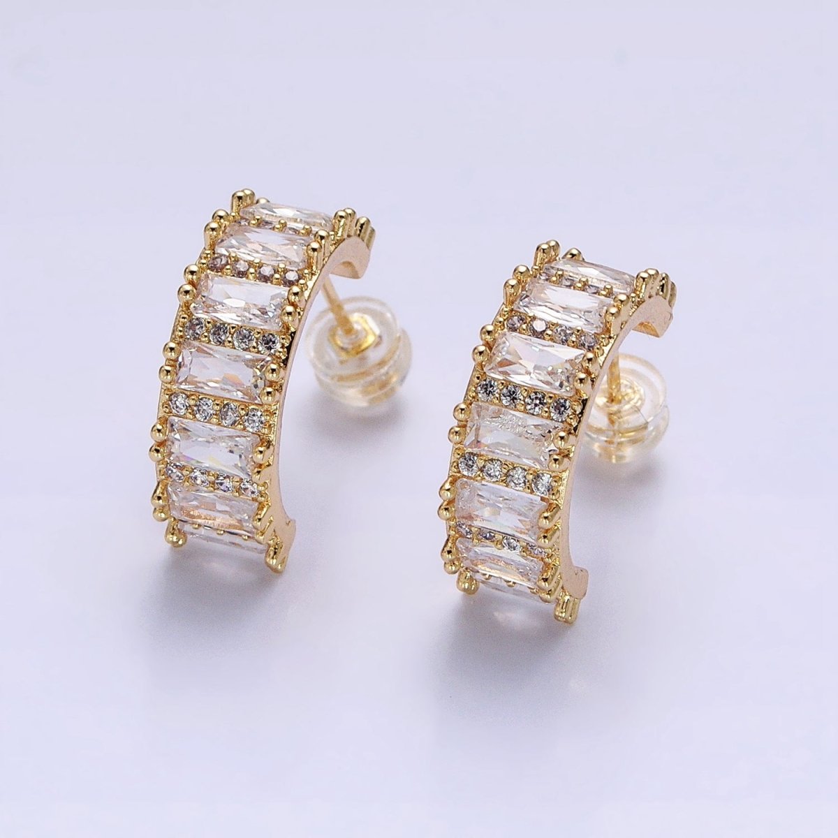 Silver, Gold 16.5mm Clear Baguette Micro Paved CZ Band C-Shaped Gold Stud Hoops Earrings | AB802 AB830