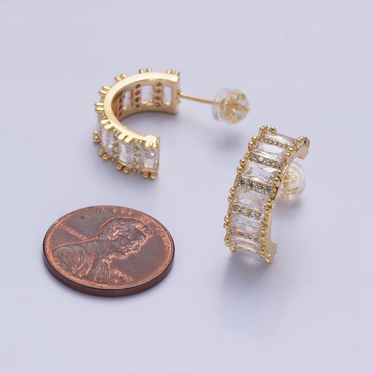 Silver, Gold 16.5mm Clear Baguette Micro Paved CZ Band C-Shaped Gold Stud Hoops Earrings | AB802 AB830