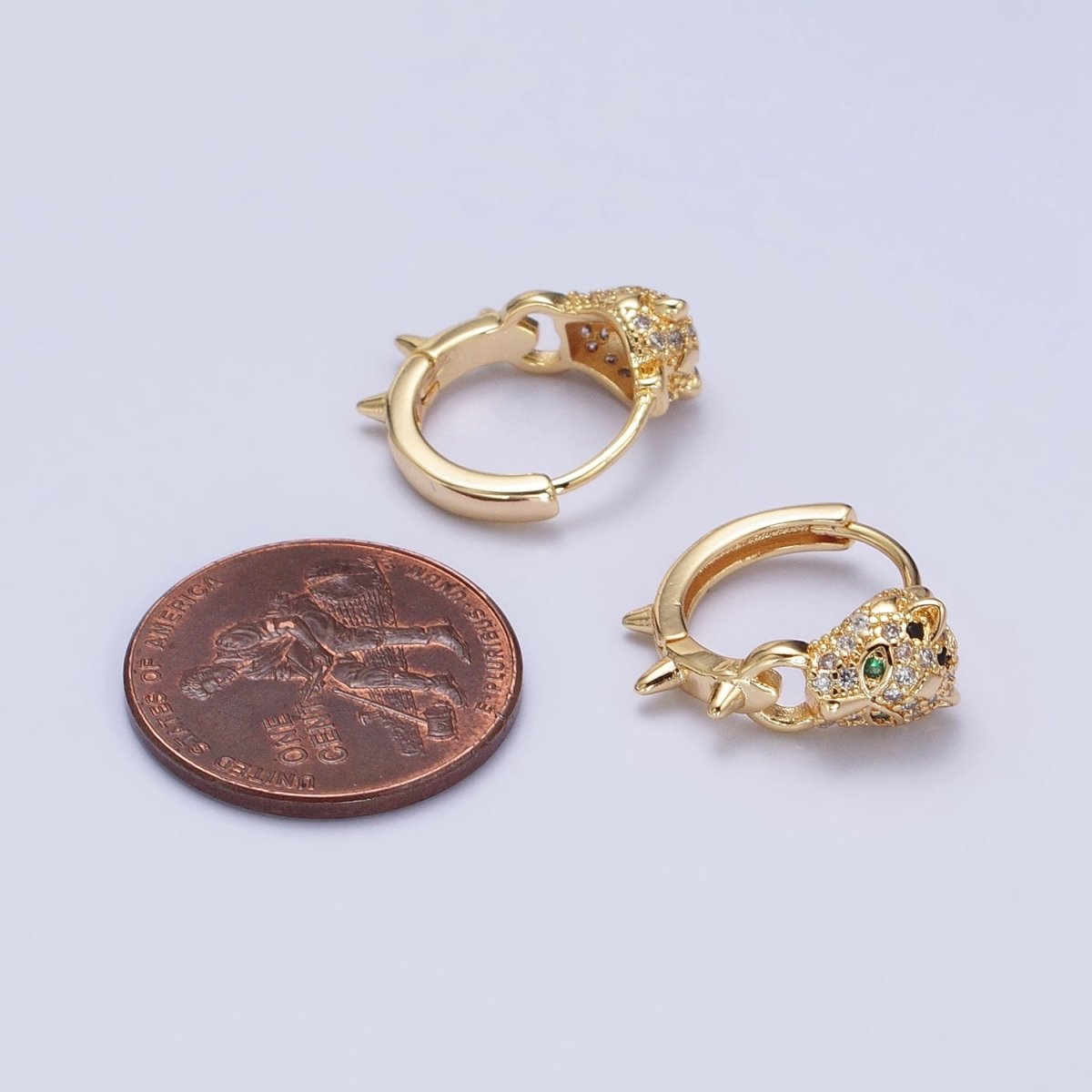 Silver, Gold 16mm Green-Eyed Panther Leopard Spiked Huggie Earrings | AB382 AB523