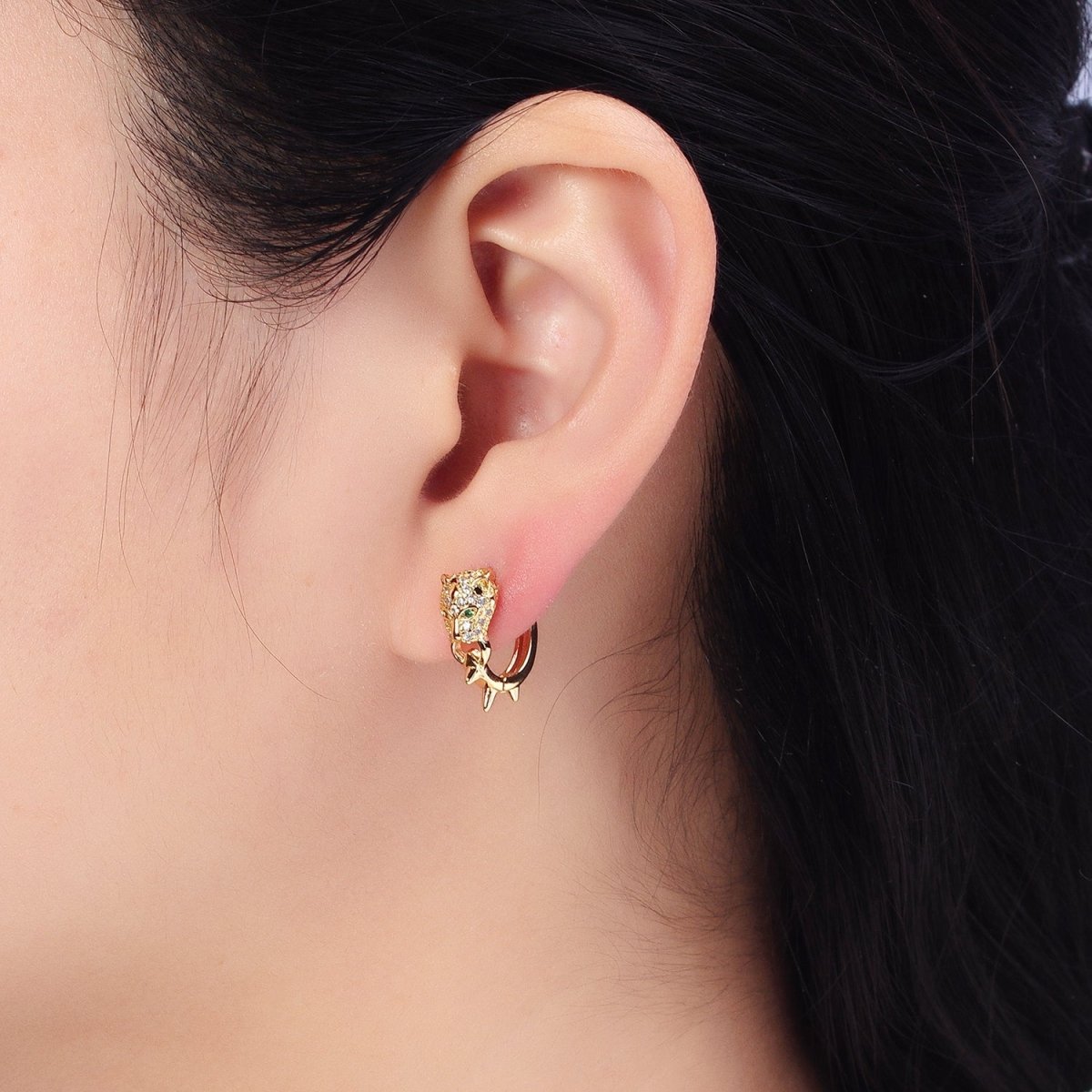 Silver, Gold 16mm Green-Eyed Panther Leopard Spiked Huggie Earrings | AB382 AB523