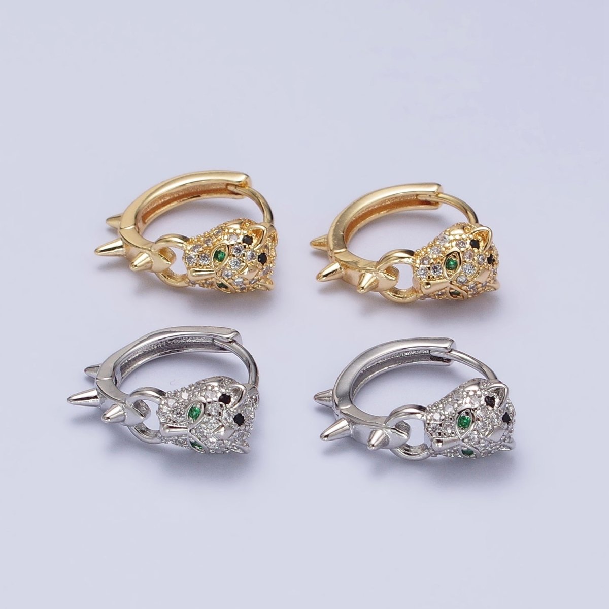 Silver, Gold 16mm Green-Eyed Panther Leopard Spiked Huggie Earrings | AB382 AB523
