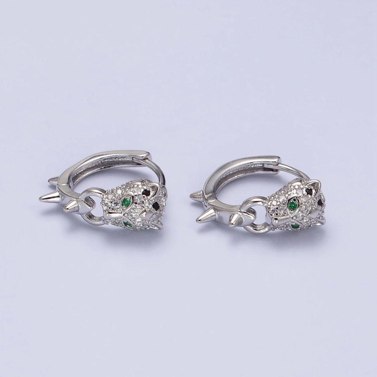 Silver, Gold 16mm Green-Eyed Panther Leopard Spiked Huggie Earrings | AB382 AB523