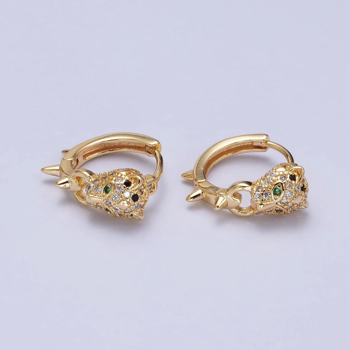 Silver, Gold 16mm Green-Eyed Panther Leopard Spiked Huggie Earrings | AB382 AB523