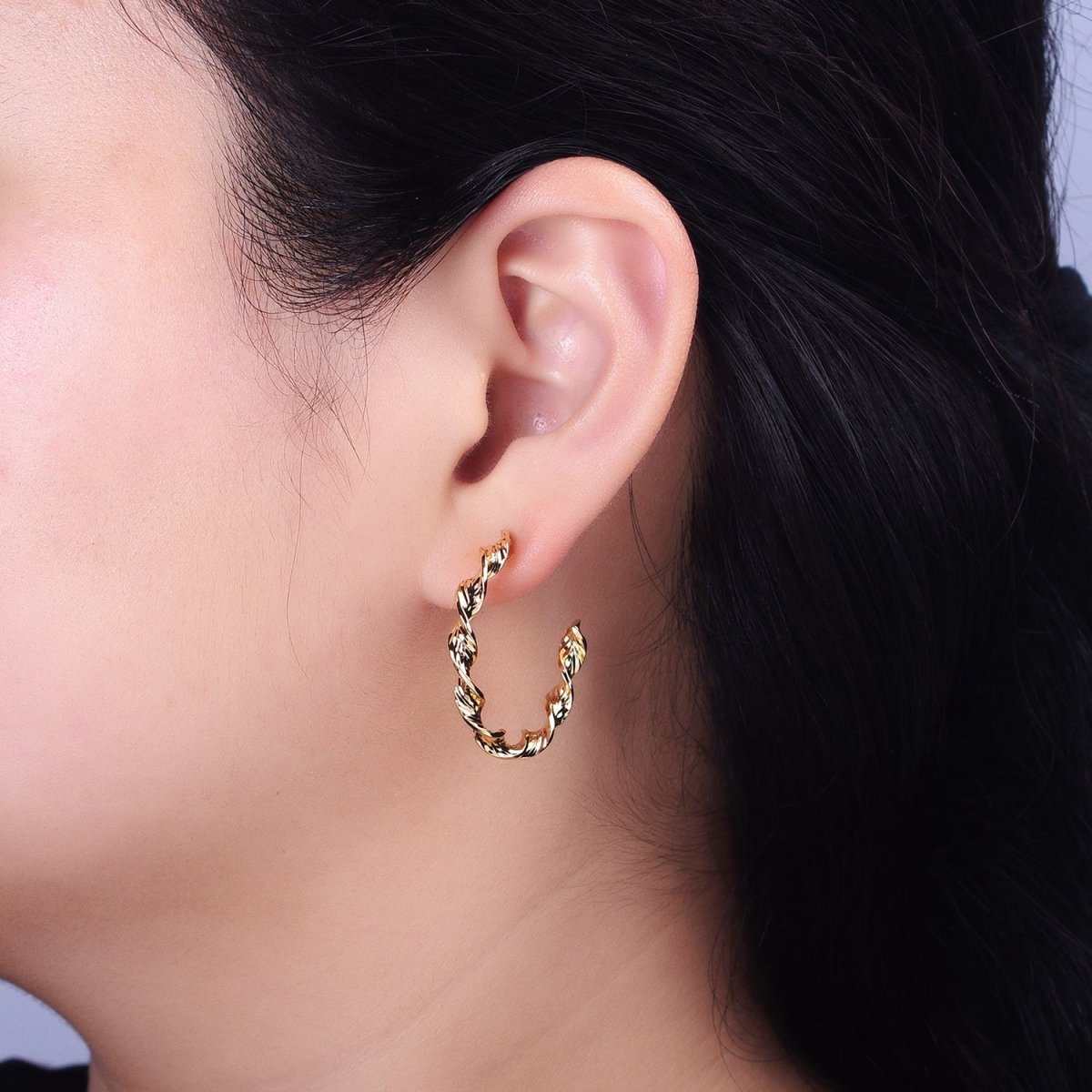 Silver, Gold 30mm Twisted Line Leaf Textured C-Shaped Hoop Earrings | AB852 AB884