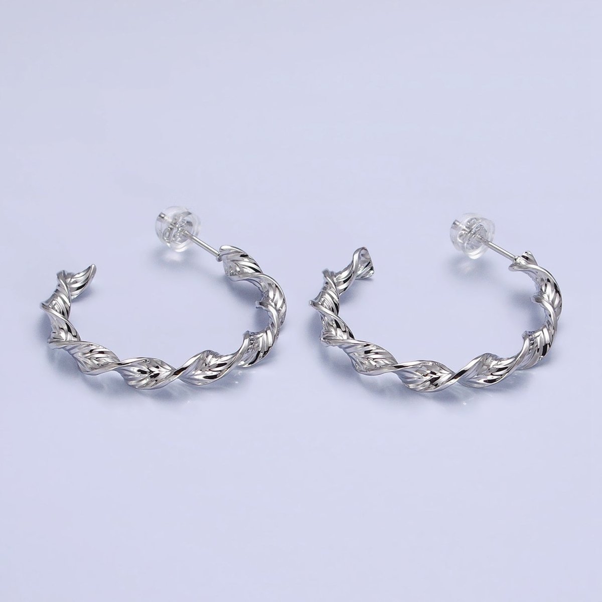 Silver, Gold 30mm Twisted Line Leaf Textured C-Shaped Hoop Earrings | AB852 AB884