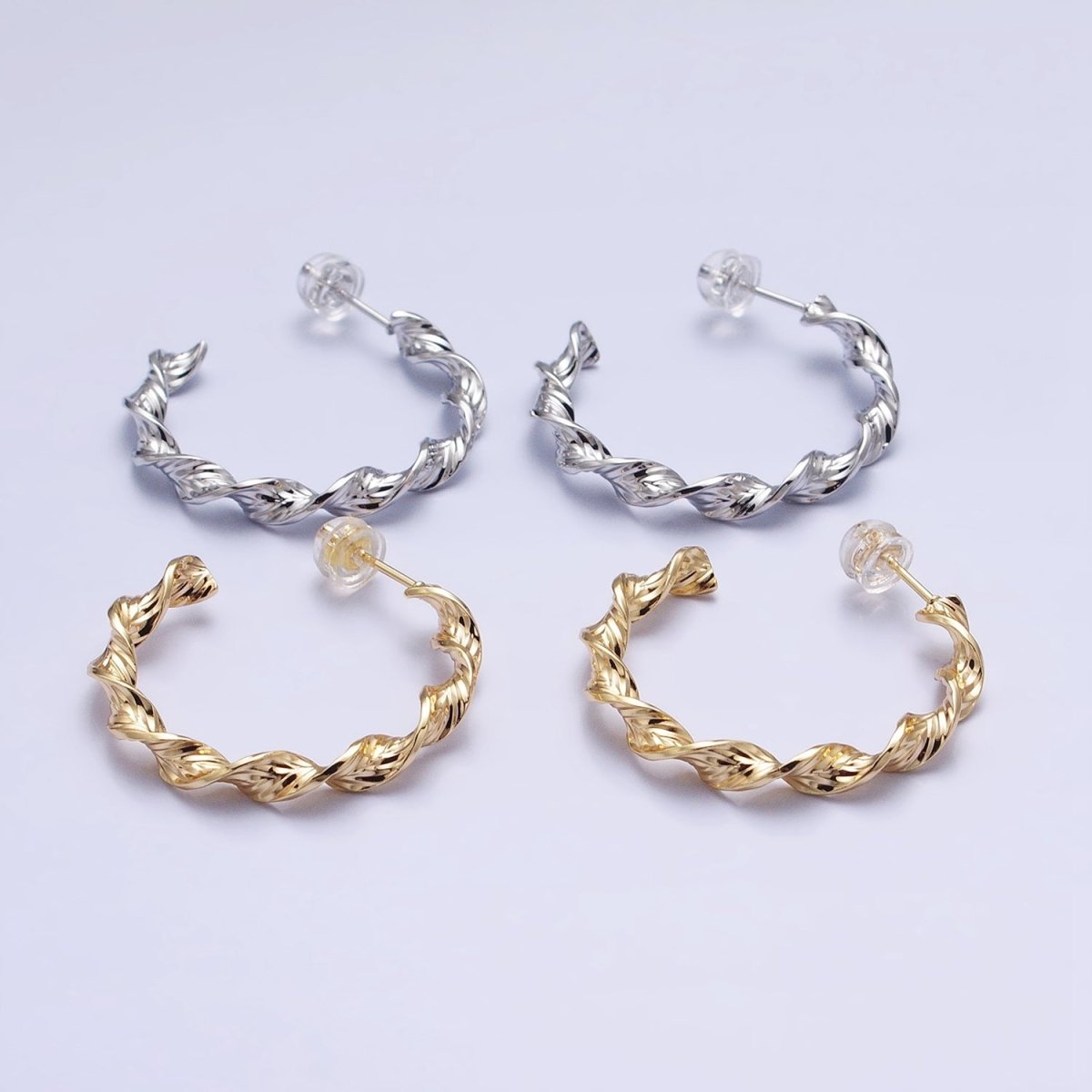 Silver, Gold 30mm Twisted Line Leaf Textured C-Shaped Hoop Earrings | AB852 AB884