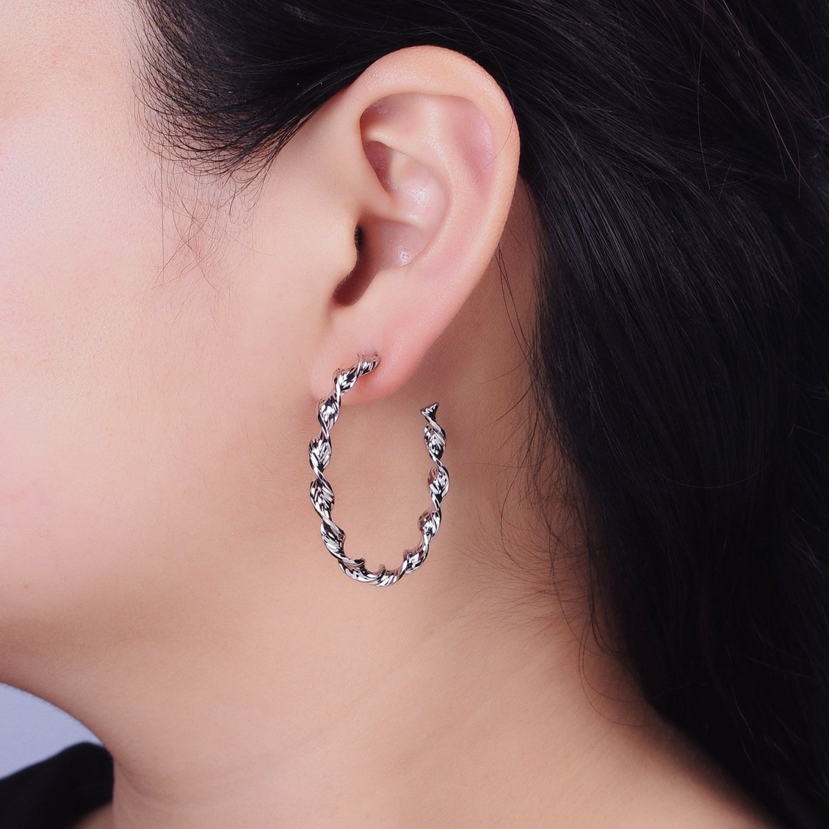 Silver, Gold 40mm Twisted Line Leaf Textured C-Shaped Hoop Earrings | AB851 AB887