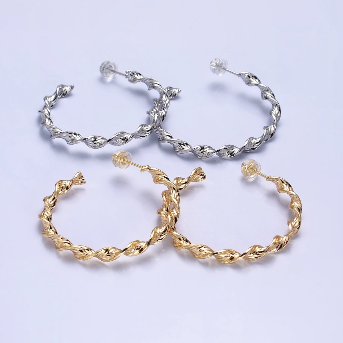 Silver, Gold 40mm Twisted Line Leaf Textured C-Shaped Hoop Earrings | AB851 AB887