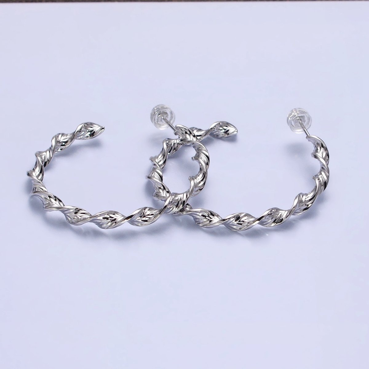 Silver, Gold 40mm Twisted Line Leaf Textured C-Shaped Hoop Earrings | AB851 AB887