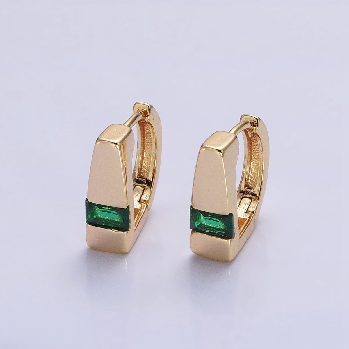 Silver, Gold Baguette Green CZ Geometric D-Shaped Huggie Earrings | AB817 AB906
