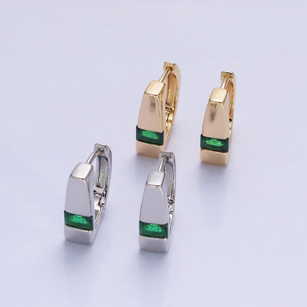 Silver, Gold Baguette Green CZ Geometric D-Shaped Huggie Earrings | AB817 AB906