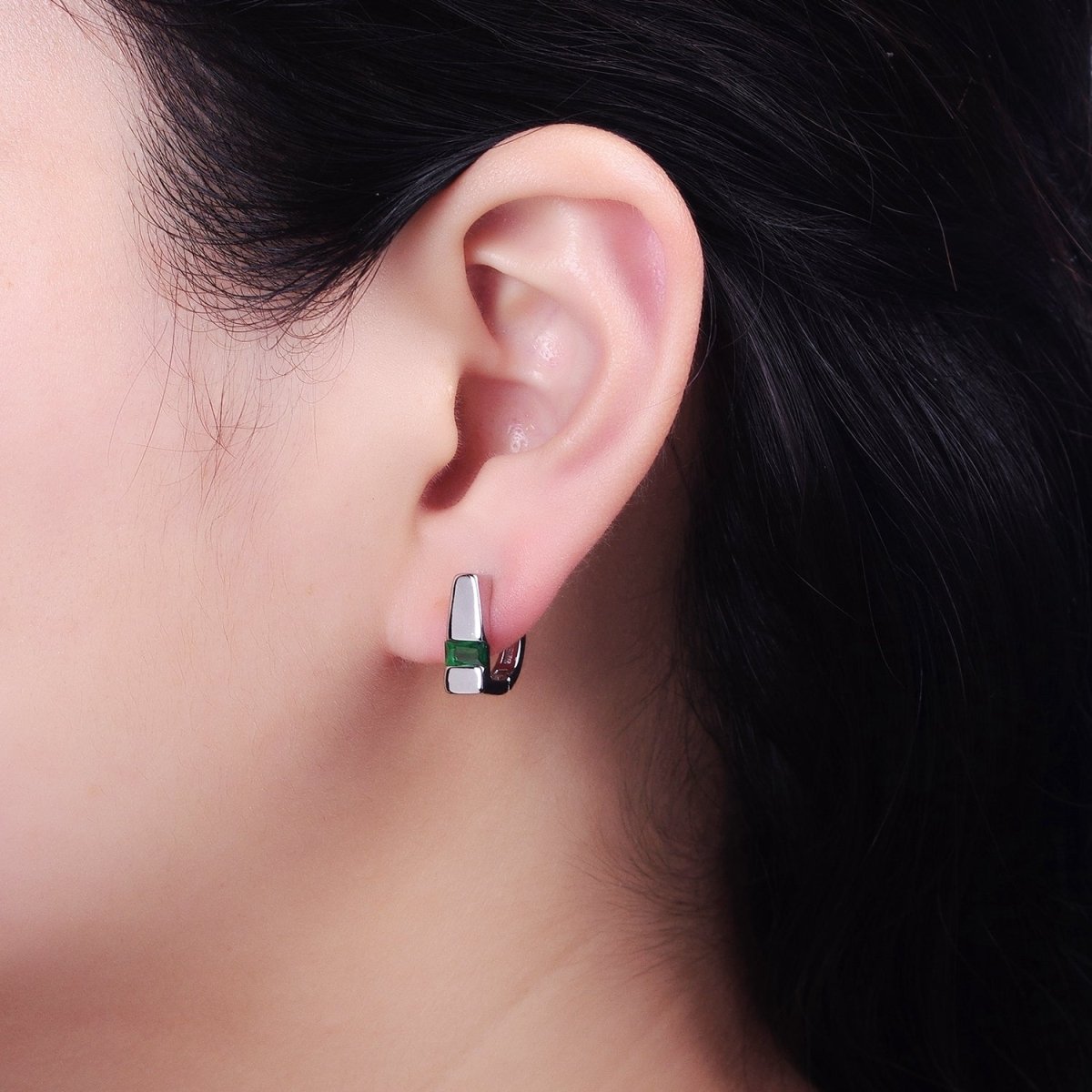 Silver, Gold Baguette Green CZ Geometric D-Shaped Huggie Earrings | AB817 AB906