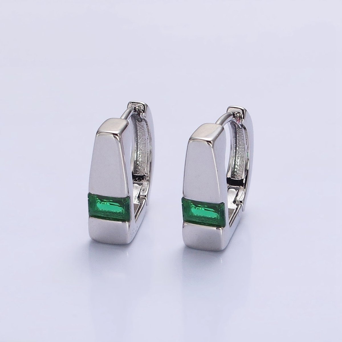 Silver, Gold Baguette Green CZ Geometric D-Shaped Huggie Earrings | AB817 AB906
