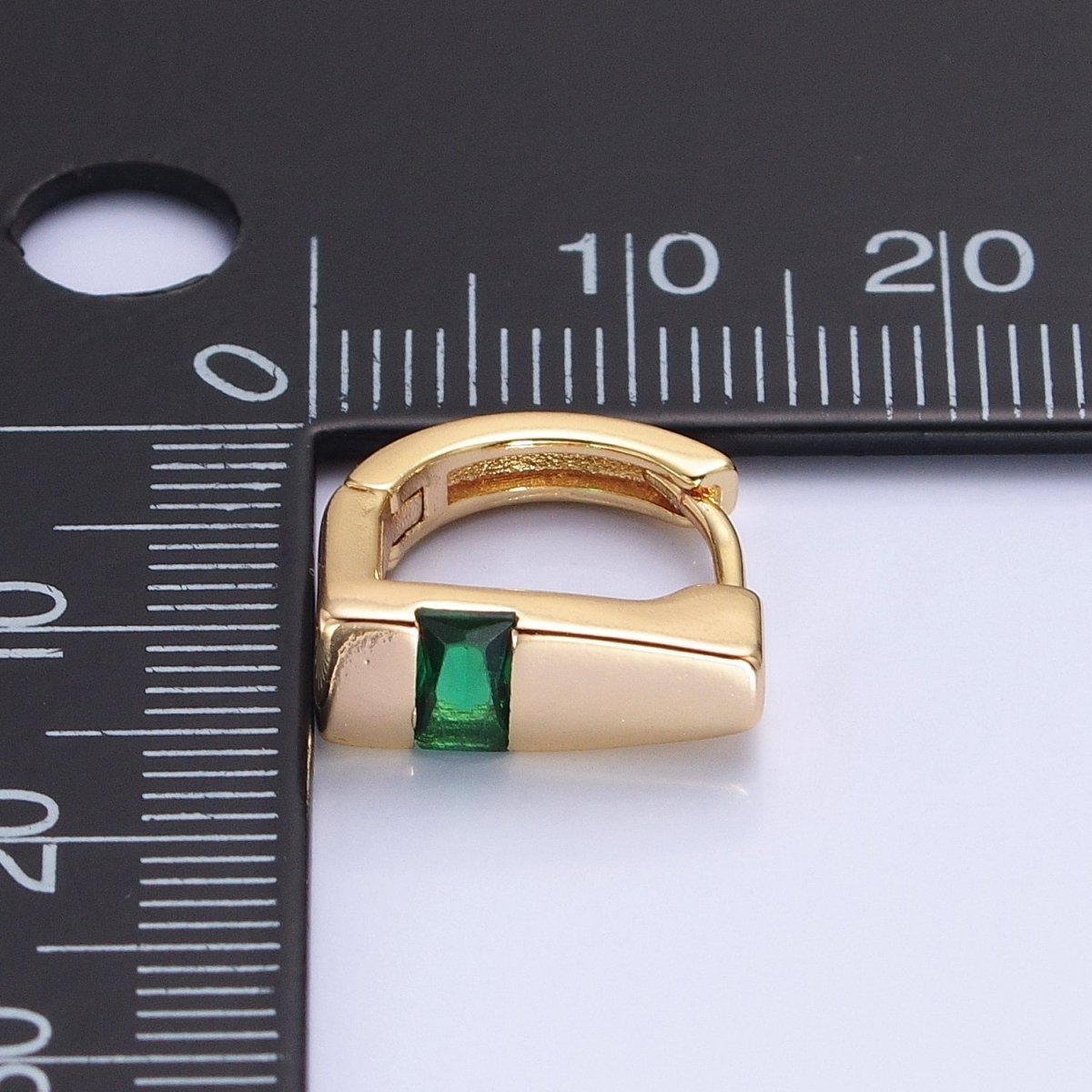 Silver, Gold Baguette Green CZ Geometric D-Shaped Huggie Earrings | AB817 AB906