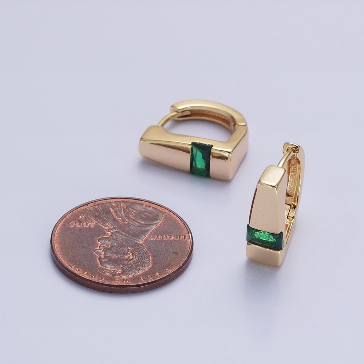 Silver, Gold Baguette Green CZ Geometric D-Shaped Huggie Earrings | AB817 AB906