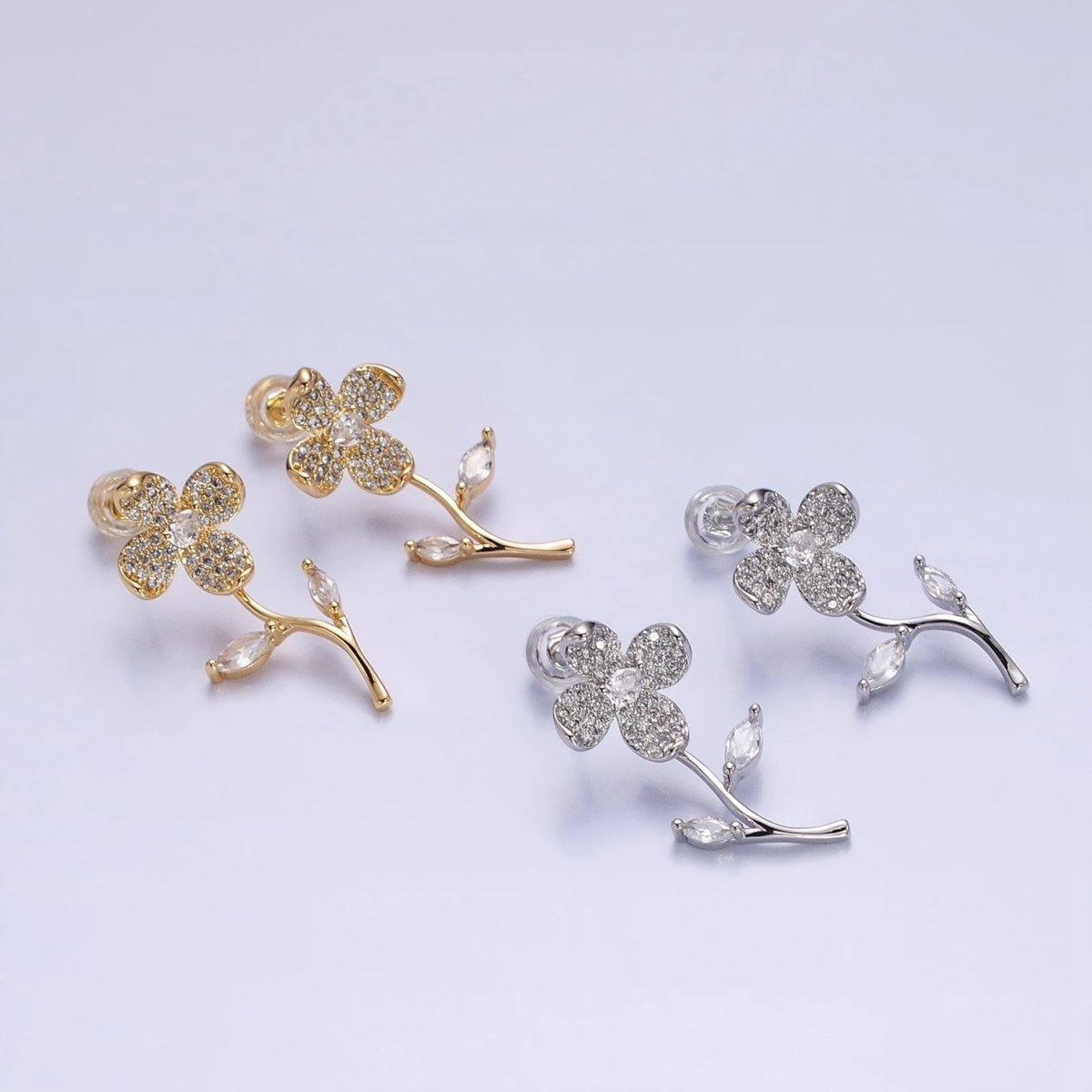 Silver, Gold Blooming Flower Marquise Leaf Micro Paved CZ Stud Earrings | AB812 AB832