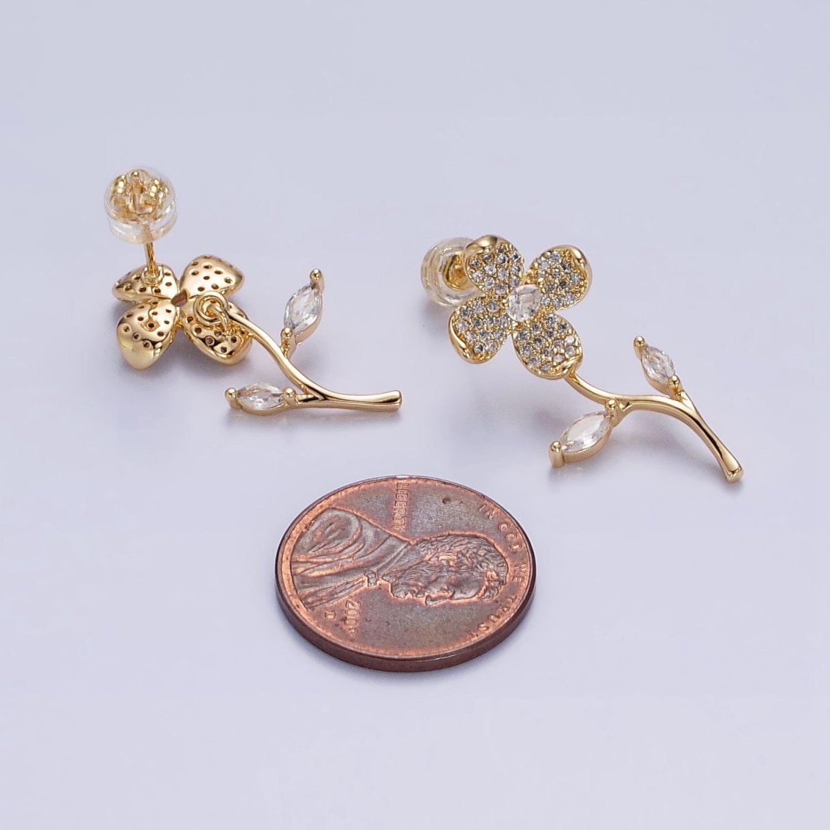 Silver, Gold Blooming Flower Marquise Leaf Micro Paved CZ Stud Earrings | AB812 AB832