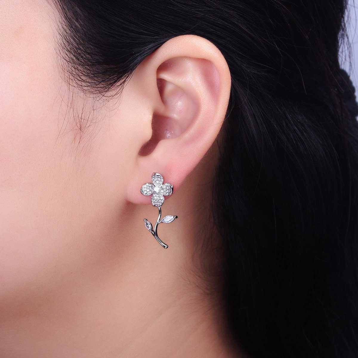 Silver, Gold Blooming Flower Marquise Leaf Micro Paved CZ Stud Earrings | AB812 AB832