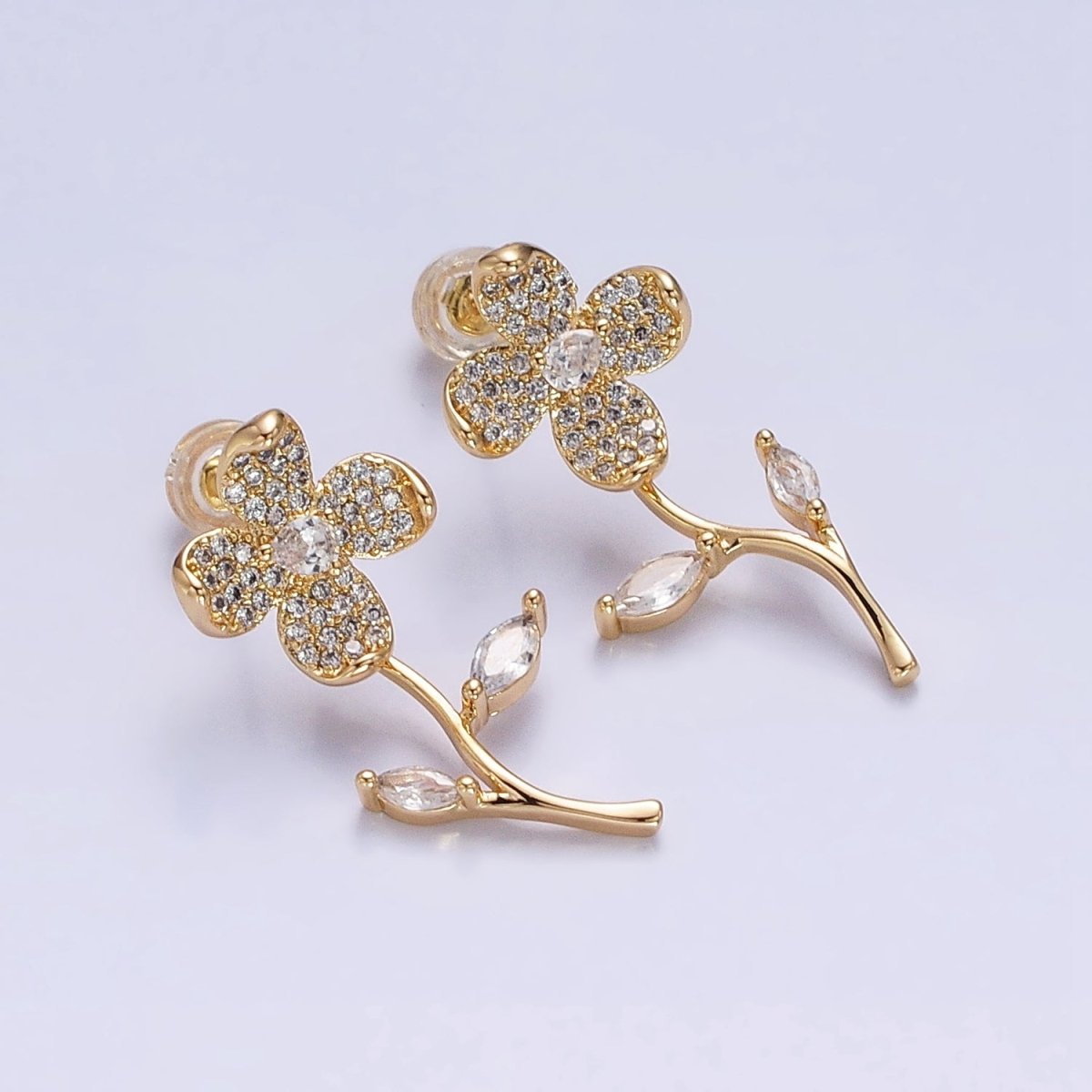 Silver, Gold Blooming Flower Marquise Leaf Micro Paved CZ Stud Earrings | AB812 AB832