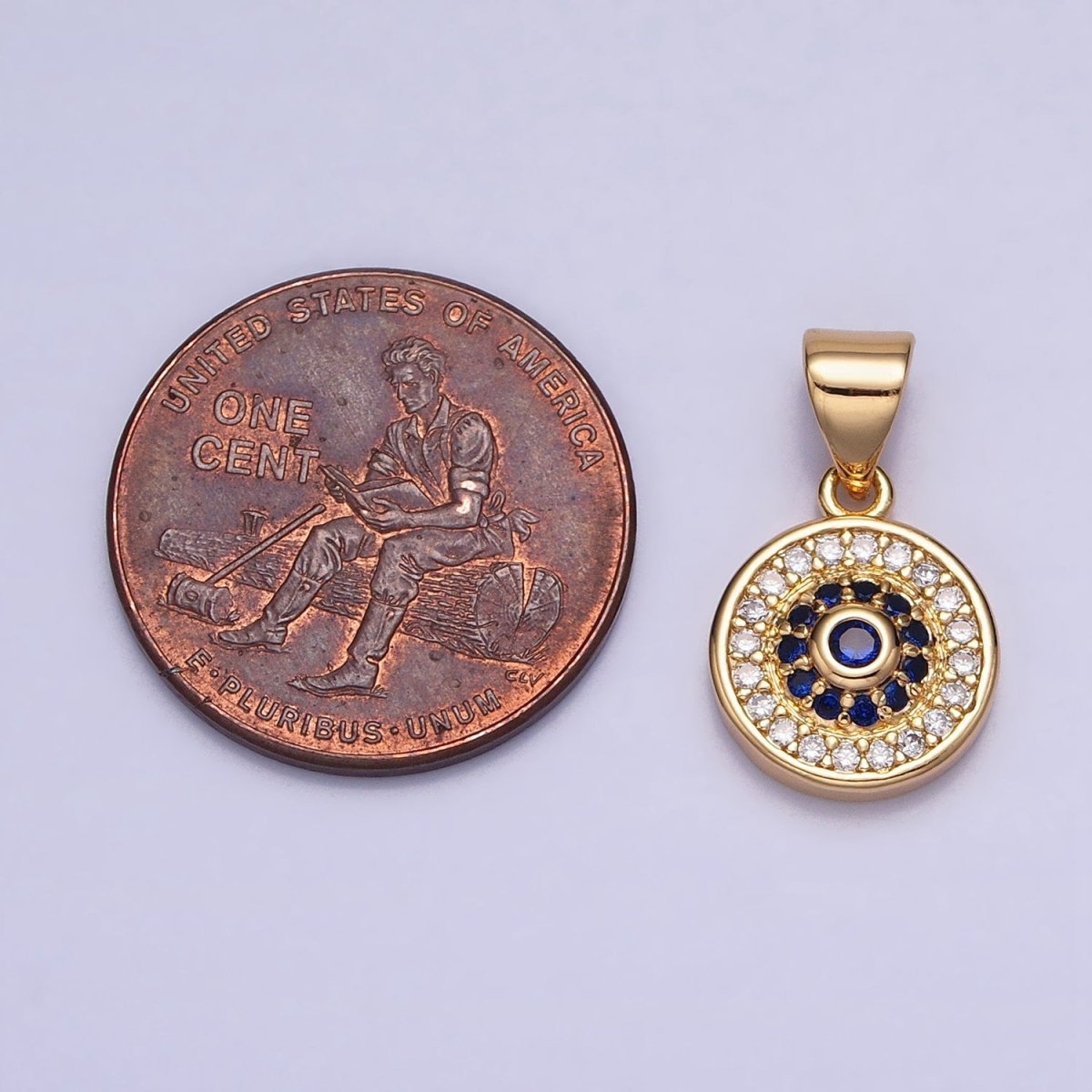 Silver, Gold Blue Clear Evil Eye Micro Paved 10mm Round Pendant | AA346 AA365