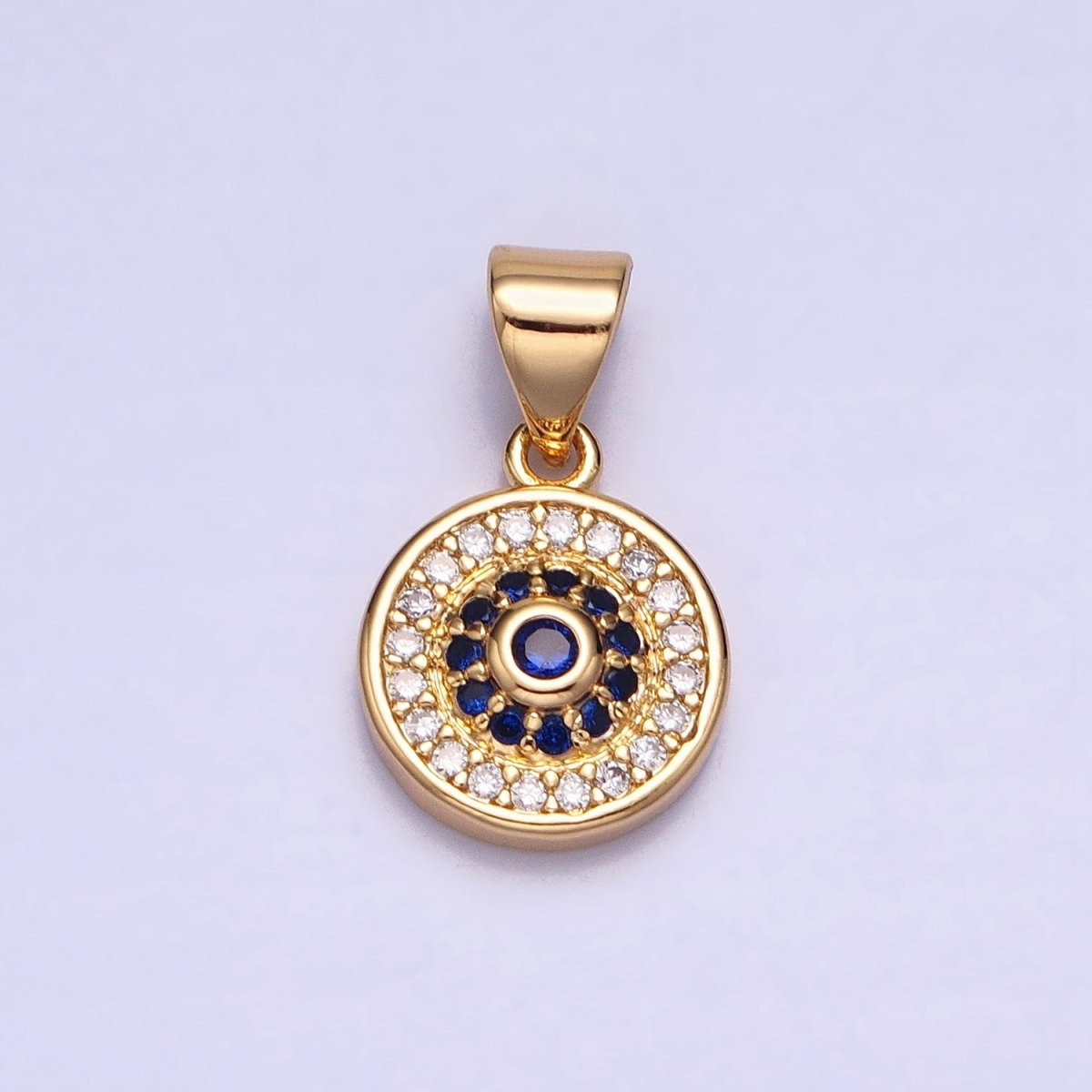 Silver, Gold Blue Clear Evil Eye Micro Paved 10mm Round Pendant | AA346 AA365