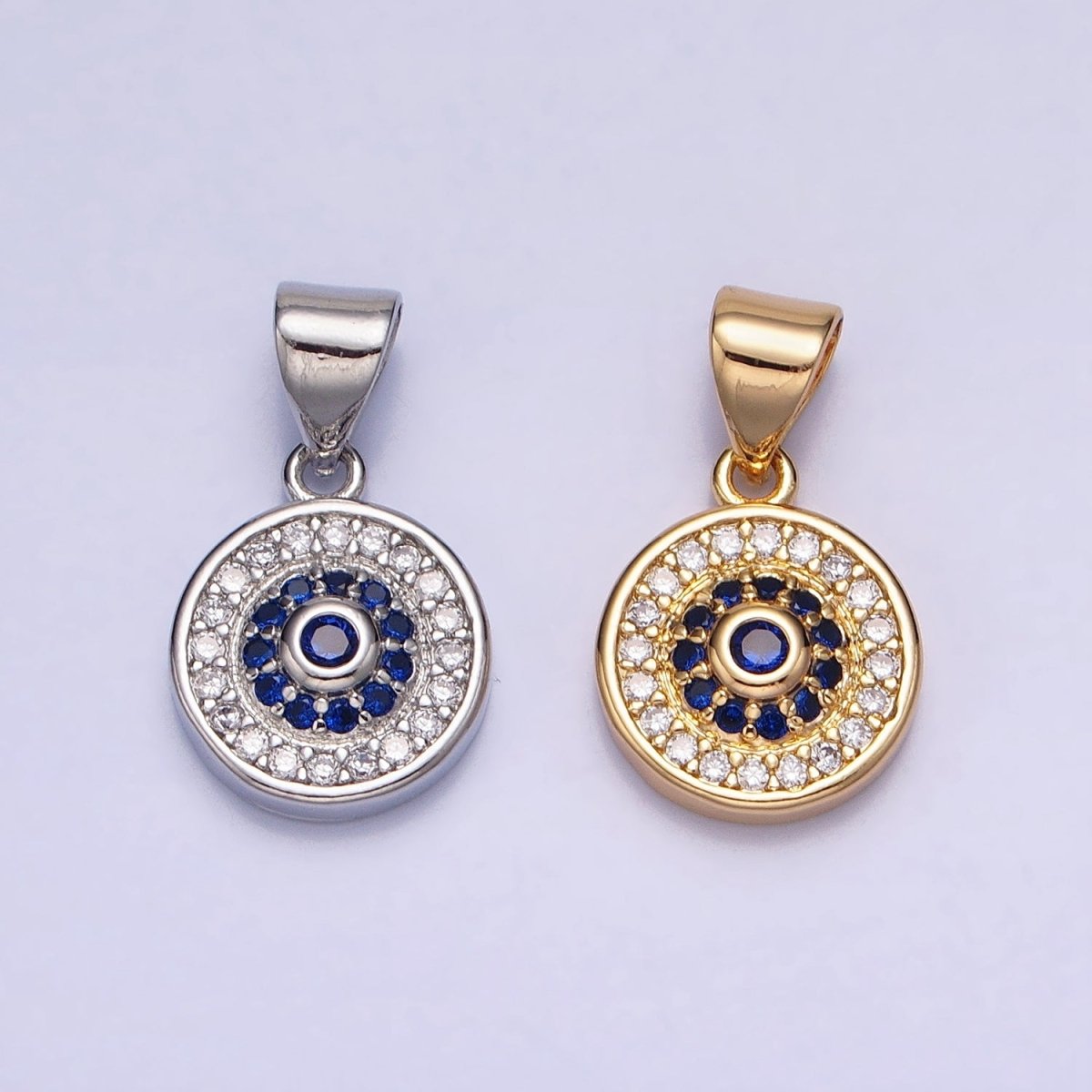 Silver, Gold Blue Clear Evil Eye Micro Paved 10mm Round Pendant | AA346 AA365