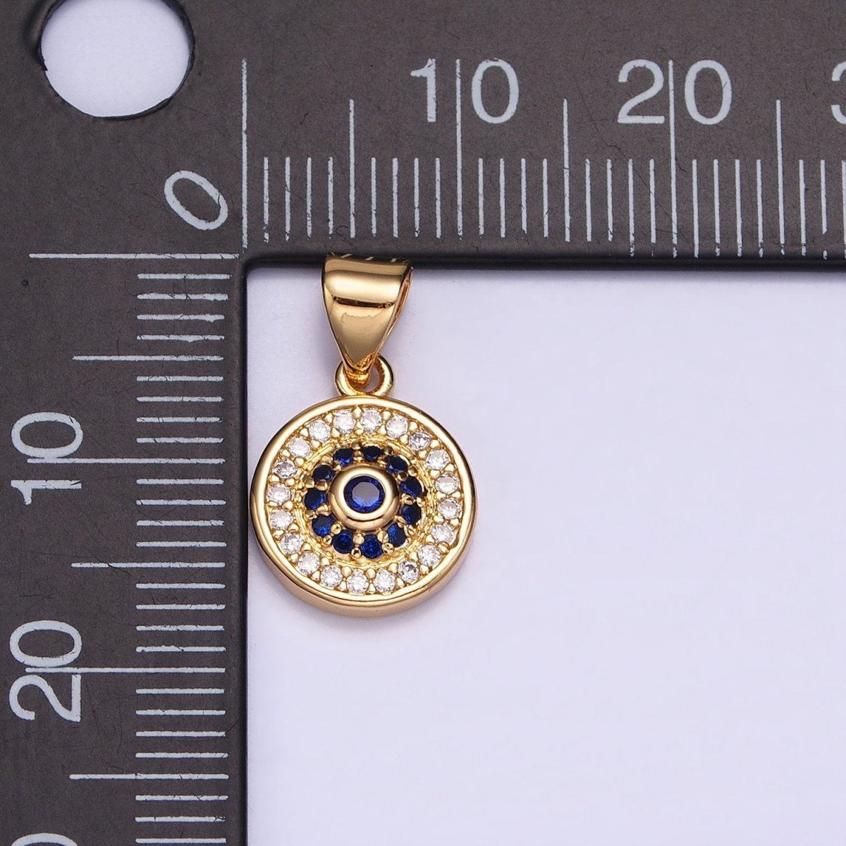 Silver, Gold Blue Clear Evil Eye Micro Paved 10mm Round Pendant | AA346 AA365