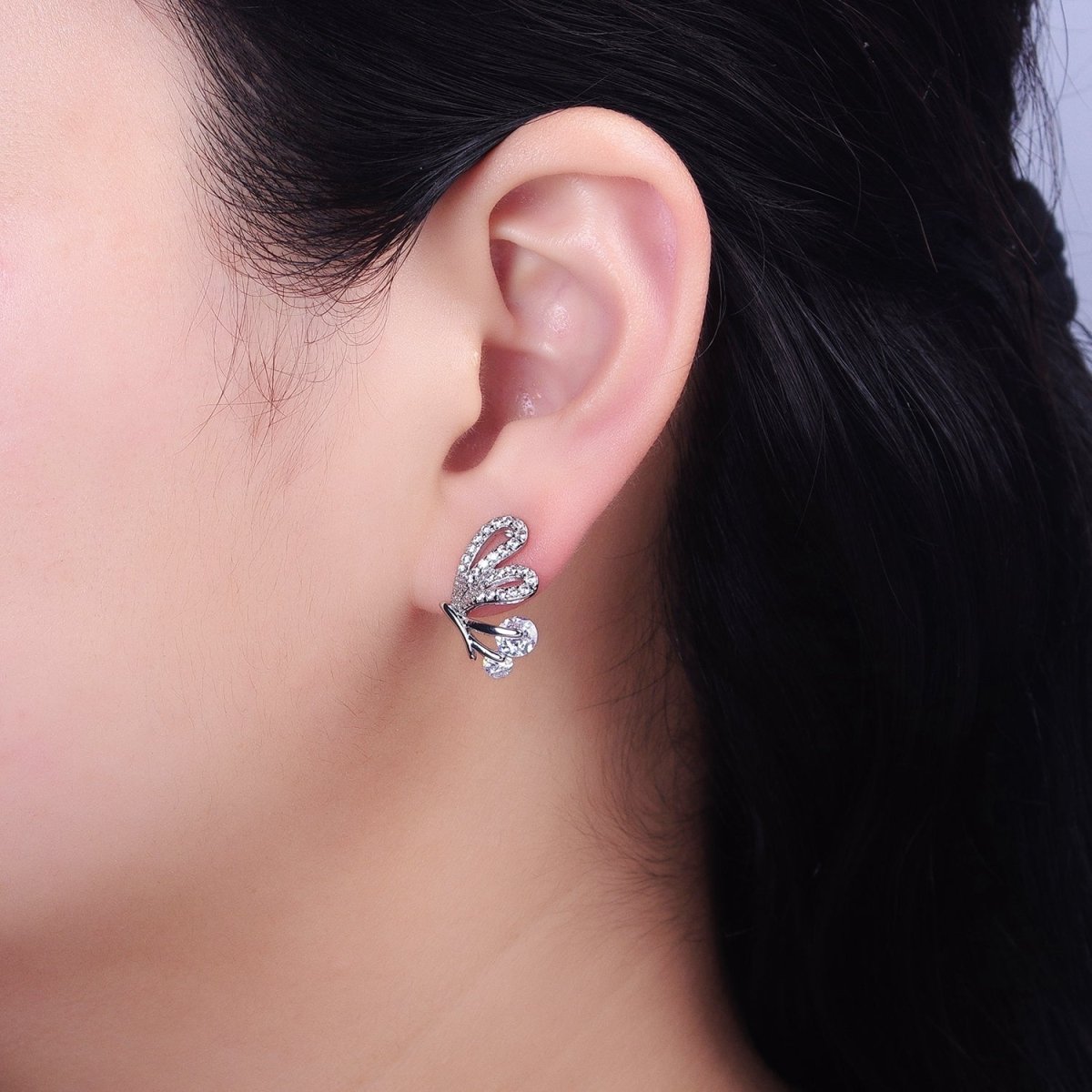 Silver, Gold Butterfly Mariposa Outline Micro Paved CZ Stud Earrings | AB816 AB833