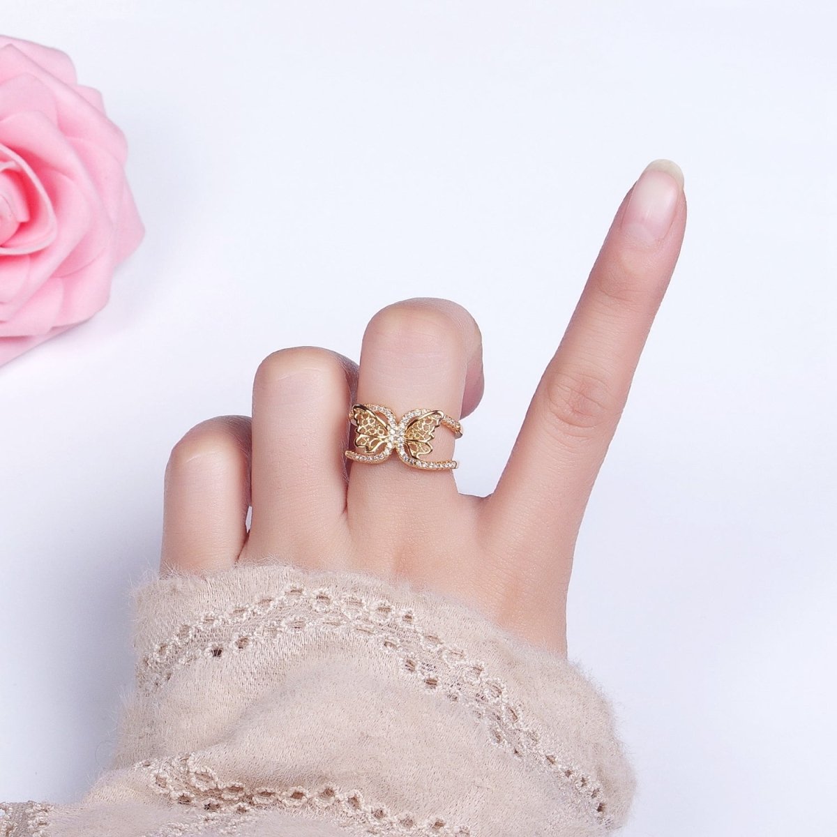 Silver, Gold Butterfly Mariposa Wings Micro Paved CZ Double Band Ring | O-1898 O-1899