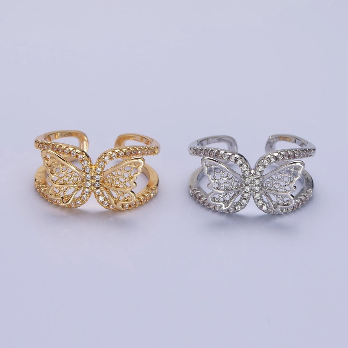 Silver, Gold Butterfly Mariposa Wings Micro Paved CZ Double Band Ring | O-1898 O-1899