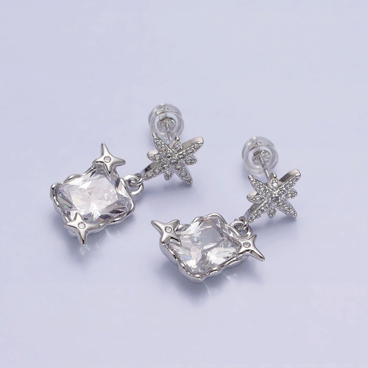 Silver, Gold Clear Baguette CZ Micro Paved Celestial North Star Stud Earrings | AB1090 AD788